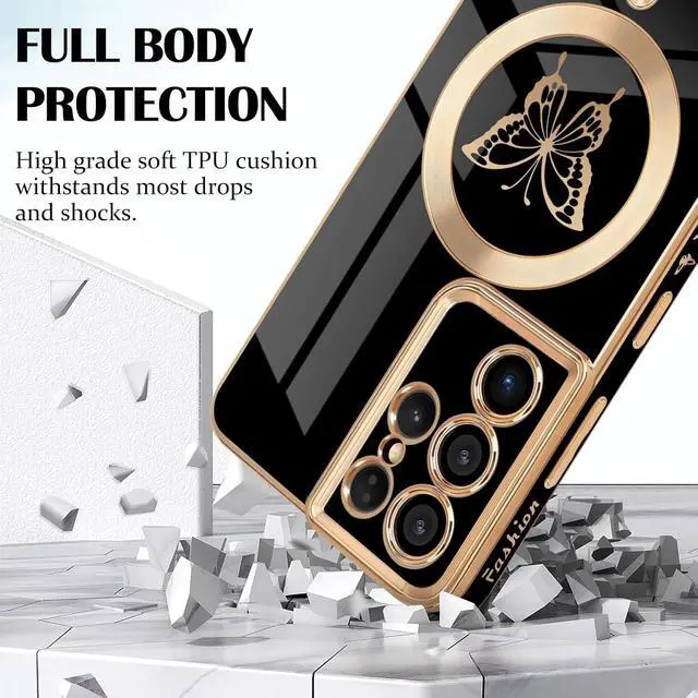 Alt view image 3 of 7 - for Samsung Galaxy S21 Ultra 5G Magnetic Case, Cute Butterfly Plating Edge Case with MagSafe for Women Girls Men Soft TPU Bumper Shockproof Protective Cover for Samsung Galaxy S21 Ultra-Black