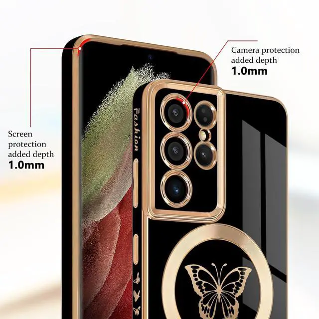 Alt view image 4 of 7 - for Samsung Galaxy S21 Ultra 5G Magnetic Case, Cute Butterfly Plating Edge Case with MagSafe for Women Girls Men Soft TPU Bumper Shockproof Protective Cover for Samsung Galaxy S21 Ultra-Black