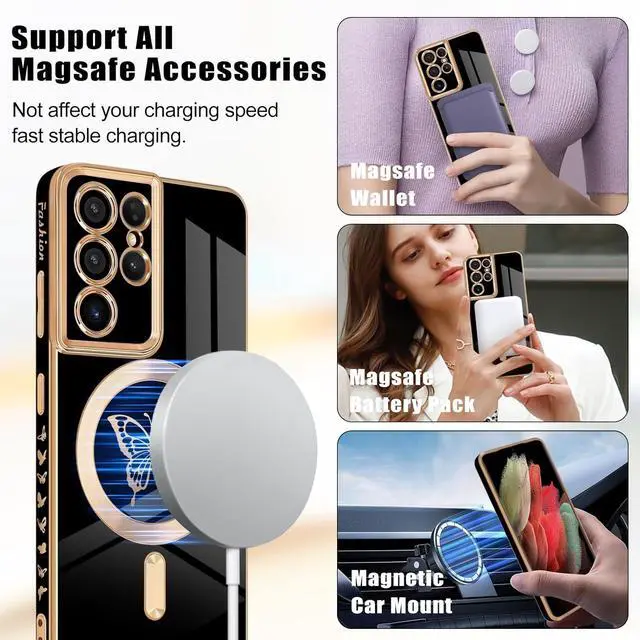 Alt view image 6 of 7 - for Samsung Galaxy S21 Ultra 5G Magnetic Case, Cute Butterfly Plating Edge Case with MagSafe for Women Girls Men Soft TPU Bumper Shockproof Protective Cover for Samsung Galaxy S21 Ultra-Black
