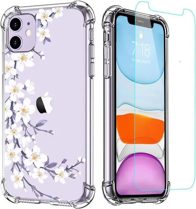Main image of Clear Flower Designed for iPhone 11 Case with Screen Protector, Soft Shockproof Protective Transparent Bumper Cover for Women Girls Floral Pattern Phone Case 6.1 Inch (Windflower/White)