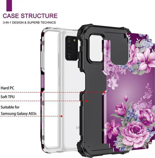Alt view image 2 of 7 - LONTECT for Galaxy A03S Case Floral Shockproof Rugged Heavy Duty 3 in 1 Hybrid Sturdy High Impact Protective Cover Case for Samsung Galaxy A03S 6.5 inch,Purple Flower/Black