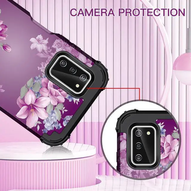 Alt view image 3 of 7 - LONTECT for Galaxy A03S Case Floral Shockproof Rugged Heavy Duty 3 in 1 Hybrid Sturdy High Impact Protective Cover Case for Samsung Galaxy A03S 6.5 inch,Purple Flower/Black