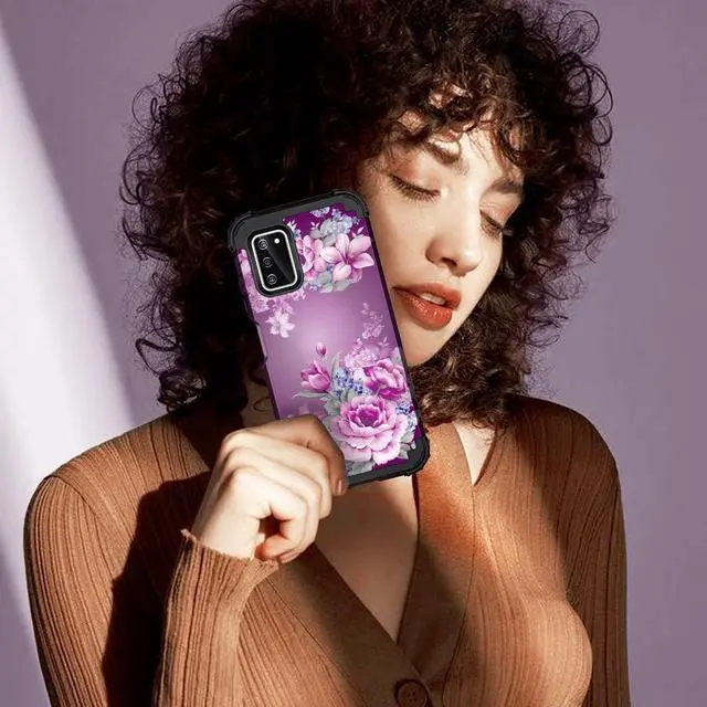 Alt view image 6 of 7 - LONTECT for Galaxy A03S Case Floral Shockproof Rugged Heavy Duty 3 in 1 Hybrid Sturdy High Impact Protective Cover Case for Samsung Galaxy A03S 6.5 inch,Purple Flower/Black