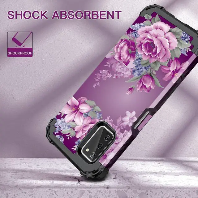 Alt view image 4 of 7 - LONTECT for Galaxy A03S Case Floral Shockproof Rugged Heavy Duty 3 in 1 Hybrid Sturdy High Impact Protective Cover Case for Samsung Galaxy A03S 6.5 inch,Purple Flower/Black