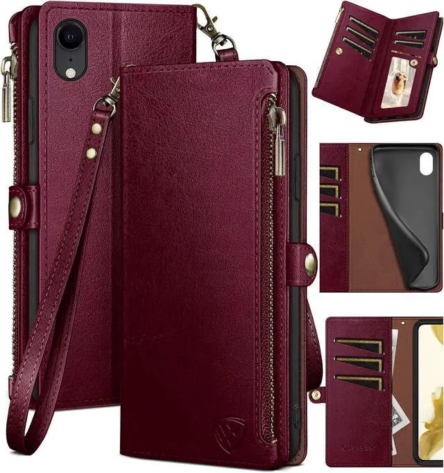 Main image of XcaseBar for iPhone XR 6.1" Wallet case with RFID Blocking Zipper Credit Card Holder, Flip Folio Book PU Leather Phone case Shockproof Cover Women Men for Apple XR case Wine Red