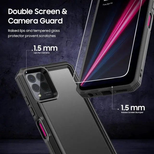 Alt view image 3 of 7 - for REVVL 6 Pro 5G / REVVL 6X Pro 5G Case, with Screen Protector, Military Grade Drop Proof Dual Layer Heavy Duty Rugged Protective Phone Shell (Black)