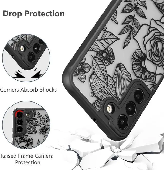 Alt view image 5 of 7 - XIZYO for Samsung Galaxy S22 Plus Case, Floral Rose Cute Phone Case for Women Girls Aesthetic Pattern Print Slim TPU Bumper Shockproof Protective Cover for S22 Plus, Black