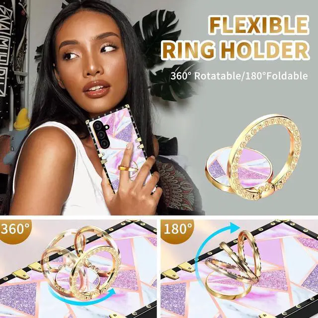 Alt view image 3 of 6 - Loheckle for Samsung Galaxy A15 5G Phone Case with Ring Stand Holder and Lanyard for Samsung A15 5G Case for Women Girls Teens Designer Cute Stylish Aesthetics Luxury, Marble Pk