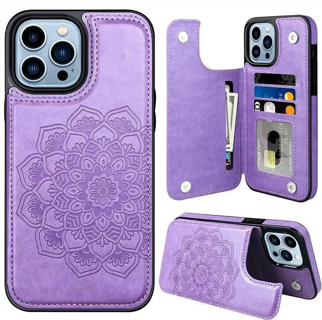 Main image of MMHUO for iPhone 14 Pro Max Case with Card Holder,Flower Magnetic Buttons Protective Wallet Case for Women for iPhone 14 Pro Max,Purple