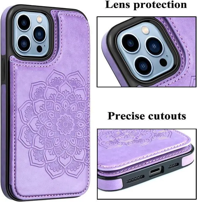 Alt view image 5 of 7 - MMHUO for iPhone 14 Pro Max Case with Card Holder,Flower Magnetic Buttons Protective Wallet Case for Women for iPhone 14 Pro Max,Purple