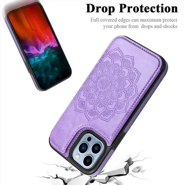 Alt view image 6 of 7 - MMHUO for iPhone 14 Pro Max Case with Card Holder,Flower Magnetic Buttons Protective Wallet Case for Women for iPhone 14 Pro Max,Purple