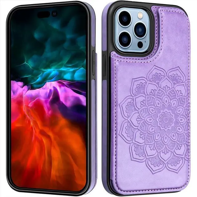 Alt view image 7 of 7 - MMHUO for iPhone 14 Pro Max Case with Card Holder,Flower Magnetic Buttons Protective Wallet Case for Women for iPhone 14 Pro Max,Purple