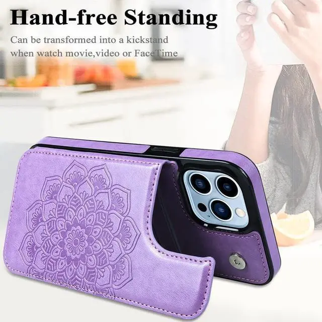 Alt view image 4 of 7 - MMHUO for iPhone 14 Pro Max Case with Card Holder,Flower Magnetic Buttons Protective Wallet Case for Women for iPhone 14 Pro Max,Purple