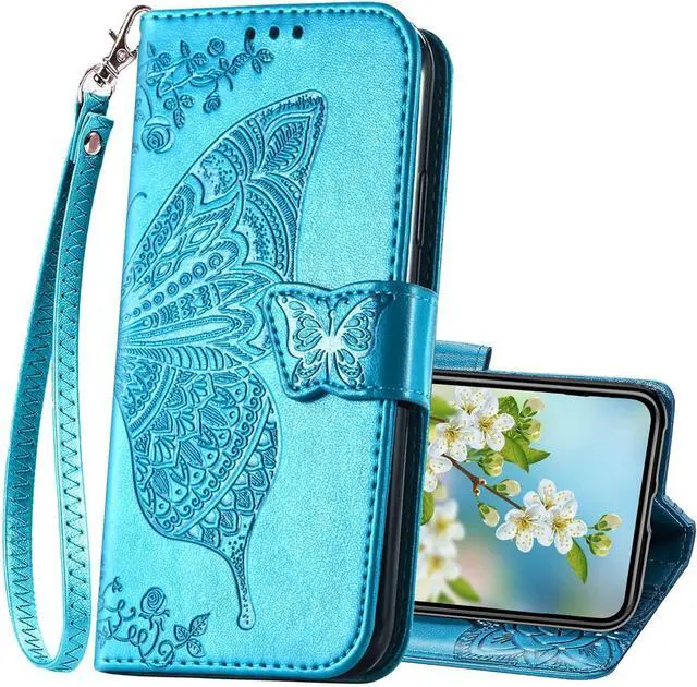 Main image of for iPhone 12 Mini Wallet Case,Women Flip Folio Cover Butterfly Embossed PU Leather Kickstand Card Holder Slots Wrist Strap Purse Phone Case,5.4 inch (Blue)
