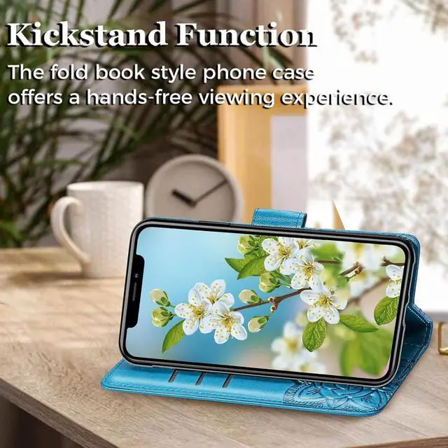 Alt view image 3 of 7 - for iPhone 12 Mini Wallet Case,Women Flip Folio Cover Butterfly Embossed PU Leather Kickstand Card Holder Slots Wrist Strap Purse Phone Case,5.4 inch (Blue)