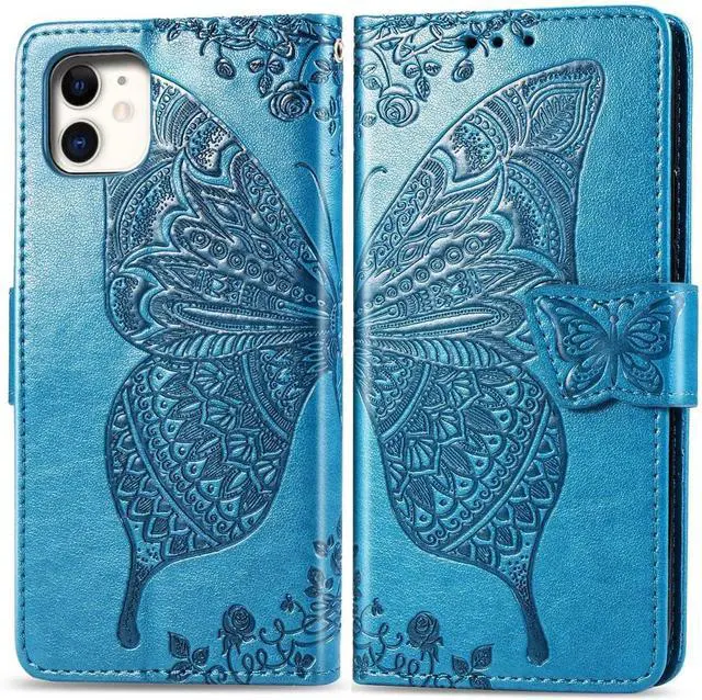 Alt view image 5 of 7 - for iPhone 12 Mini Wallet Case,Women Flip Folio Cover Butterfly Embossed PU Leather Kickstand Card Holder Slots Wrist Strap Purse Phone Case,5.4 inch (Blue)