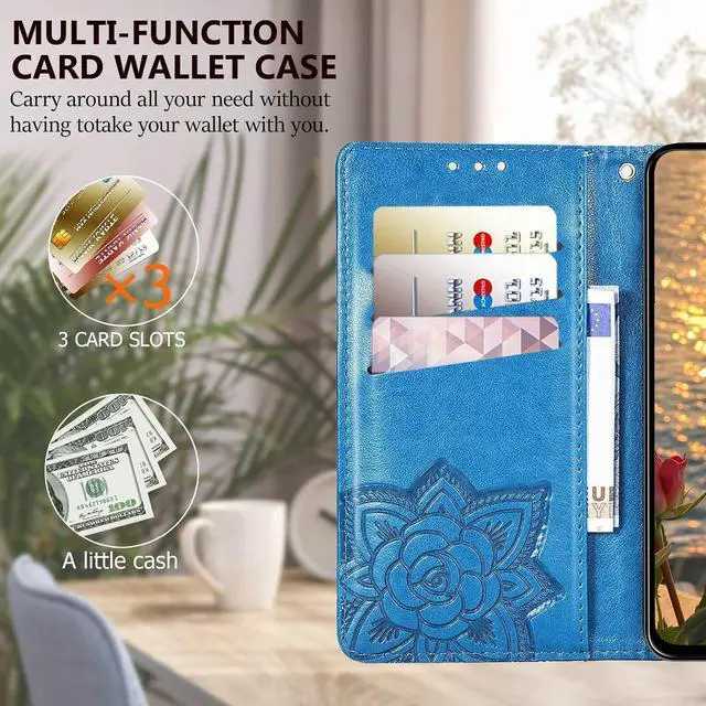 Alt view image 4 of 7 - for iPhone 12 Mini Wallet Case,Women Flip Folio Cover Butterfly Embossed PU Leather Kickstand Card Holder Slots Wrist Strap Purse Phone Case,5.4 inch (Blue)