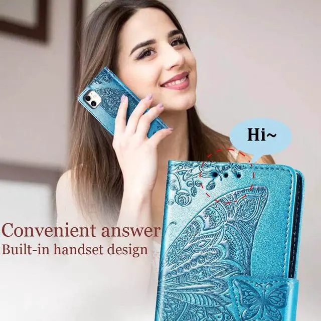Alt view image 6 of 7 - for iPhone 12 Mini Wallet Case,Women Flip Folio Cover Butterfly Embossed PU Leather Kickstand Card Holder Slots Wrist Strap Purse Phone Case,5.4 inch (Blue)