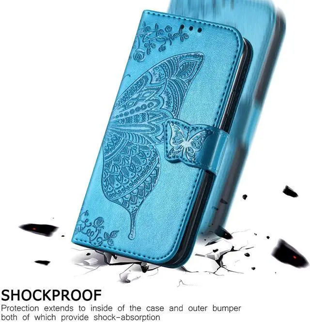 Alt view image 7 of 7 - for iPhone 12 Mini Wallet Case,Women Flip Folio Cover Butterfly Embossed PU Leather Kickstand Card Holder Slots Wrist Strap Purse Phone Case,5.4 inch (Blue)