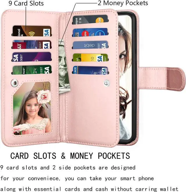 Alt view image 2 of 7 - NJJEX Compatible for Mototola G Stylus 2020 Case/Moto G Stylus Wallet Case 2020, [9 Card Slots] PU Leather ID Credit Holder Folio Flip [Detachable] Kickstand Magnetic Phone Cover & Lanyard -Rose Gold