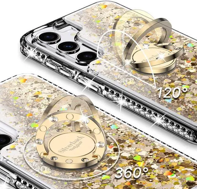 Alt view image 3 of 7 - Silverback for Samsung Galaxy S24 Plus Case, Moving Liquid Holographic Glitter Case with Ring Stand, Girls Women Bling Diamond Slim Protective Case for Galaxy S24 Plus - Clear Gold