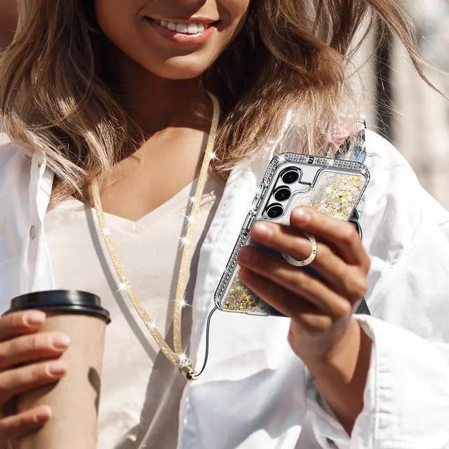 Alt view image 5 of 7 - Silverback for Samsung Galaxy S24 Plus Case, Moving Liquid Holographic Glitter Case with Ring Stand, Girls Women Bling Diamond Slim Protective Case for Galaxy S24 Plus - Clear Gold