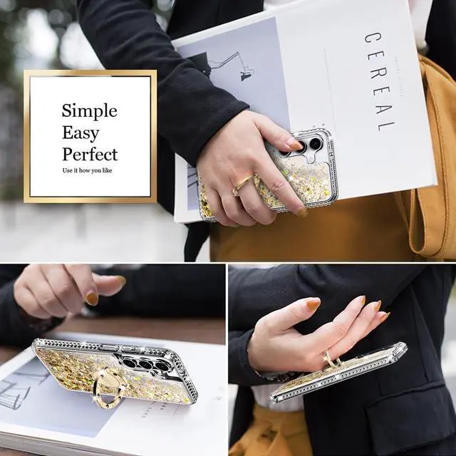 Alt view image 6 of 7 - Silverback for Samsung Galaxy S24 Plus Case, Moving Liquid Holographic Glitter Case with Ring Stand, Girls Women Bling Diamond Slim Protective Case for Galaxy S24 Plus - Clear Gold