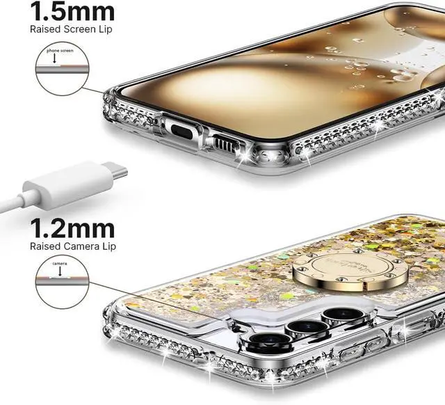 Alt view image 7 of 7 - Silverback for Samsung Galaxy S24 Plus Case, Moving Liquid Holographic Glitter Case with Ring Stand, Girls Women Bling Diamond Slim Protective Case for Galaxy S24 Plus - Clear Gold