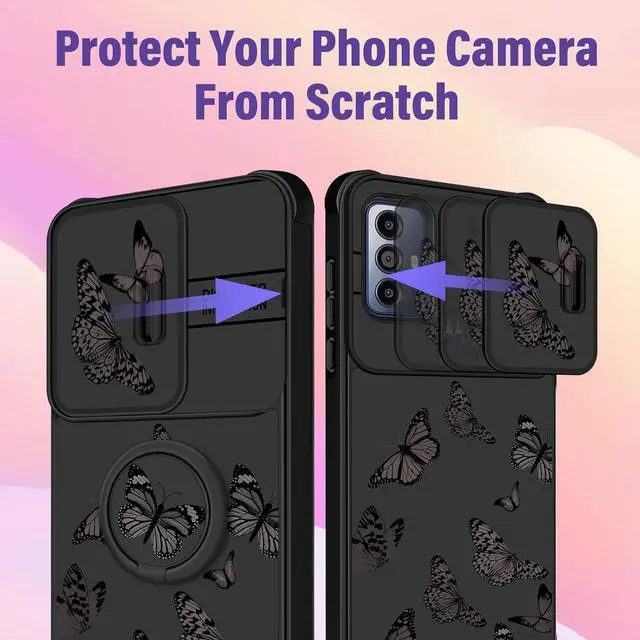 Alt view image 4 of 6 - for Moto G Play 2023 Case - for Moto G Pure Phone Case, for Motorola G Power 2022 Case Women Butterfly Cute Girls Cover Girly Pretty Black Butterfly Design with Camera Cover+Ring