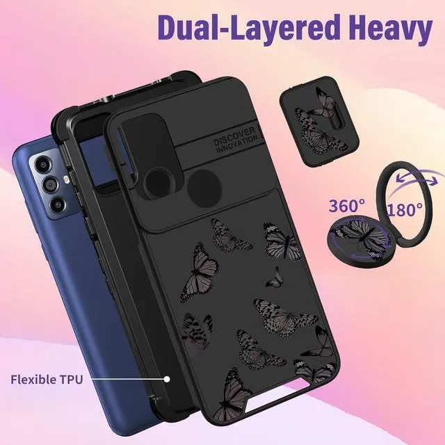 Alt view image 5 of 6 - for Moto G Play 2023 Case - for Moto G Pure Phone Case, for Motorola G Power 2022 Case Women Butterfly Cute Girls Cover Girly Pretty Black Butterfly Design with Camera Cover+Ring