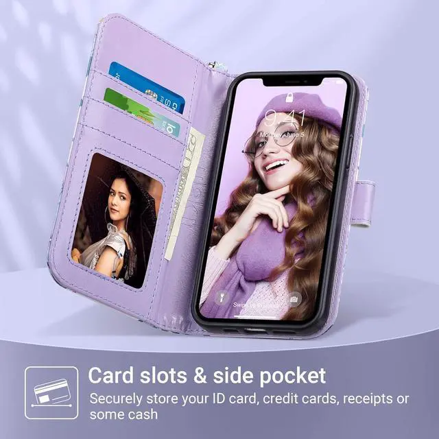 Alt view image 2 of 7 - ULAK Compatible with iPhone 12/12 Pro Wallet Case with Card Holder [RFID Blocking], PU Leather Case with Kickstand Card Slots Wrist Strap, Durable Shockproof Protective Cover 6.1 Inch, Blossom