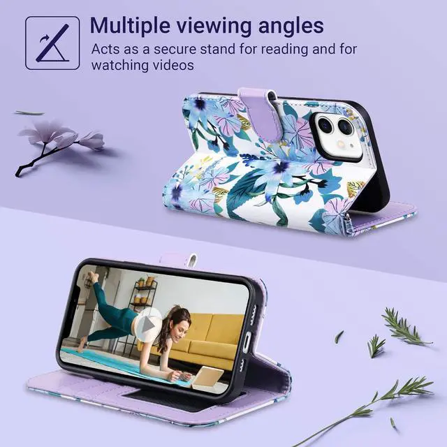 Alt view image 4 of 7 - ULAK Compatible with iPhone 12/12 Pro Wallet Case with Card Holder [RFID Blocking], PU Leather Case with Kickstand Card Slots Wrist Strap, Durable Shockproof Protective Cover 6.1 Inch, Blossom