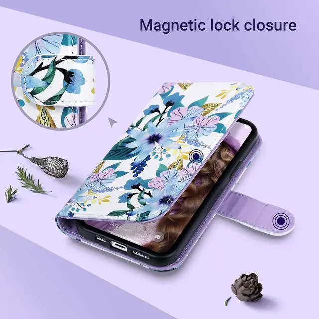 Alt view image 5 of 7 - ULAK Compatible with iPhone 12/12 Pro Wallet Case with Card Holder [RFID Blocking], PU Leather Case with Kickstand Card Slots Wrist Strap, Durable Shockproof Protective Cover 6.1 Inch, Blossom