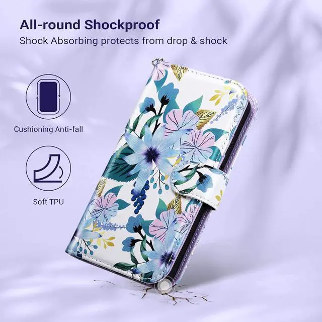 Alt view image 7 of 7 - ULAK Compatible with iPhone 12/12 Pro Wallet Case with Card Holder [RFID Blocking], PU Leather Case with Kickstand Card Slots Wrist Strap, Durable Shockproof Protective Cover 6.1 Inch, Blossom