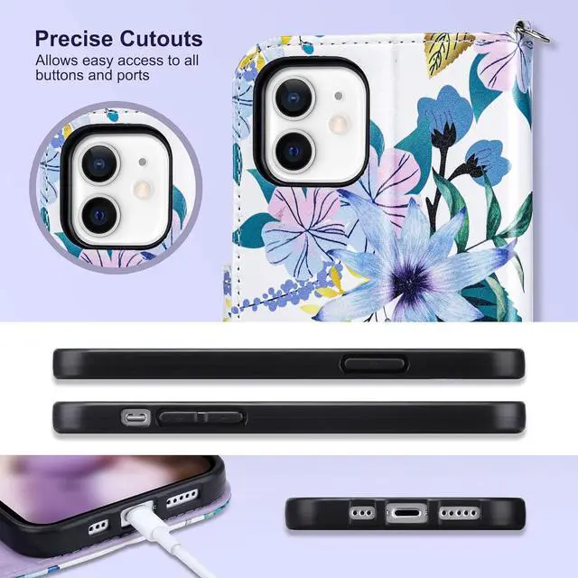 Alt view image 6 of 7 - ULAK Compatible with iPhone 12/12 Pro Wallet Case with Card Holder [RFID Blocking], PU Leather Case with Kickstand Card Slots Wrist Strap, Durable Shockproof Protective Cover 6.1 Inch, Blossom