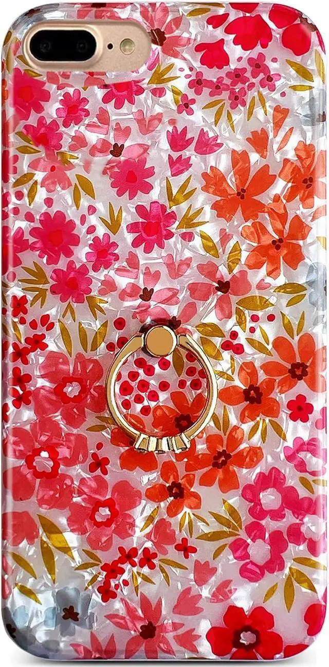 Main image of Qokey Case for iPhone 8 Plus/ 7 Plus 5.5 inch, Cute Crystal Clear Flower Cover for Women Girls 360 Degree Rotating Ring Stand Kickstand Soft TPU Shockproof, Pink Floral