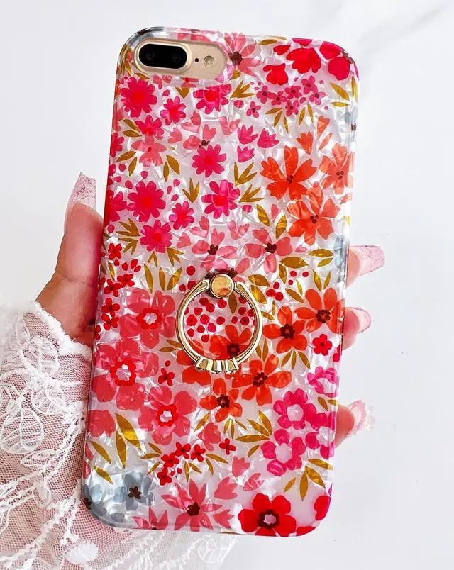Alt view image 3 of 7 - Qokey Case for iPhone 8 Plus/ 7 Plus 5.5 inch, Cute Crystal Clear Flower Cover for Women Girls 360 Degree Rotating Ring Stand Kickstand Soft TPU Shockproof, Pink Floral