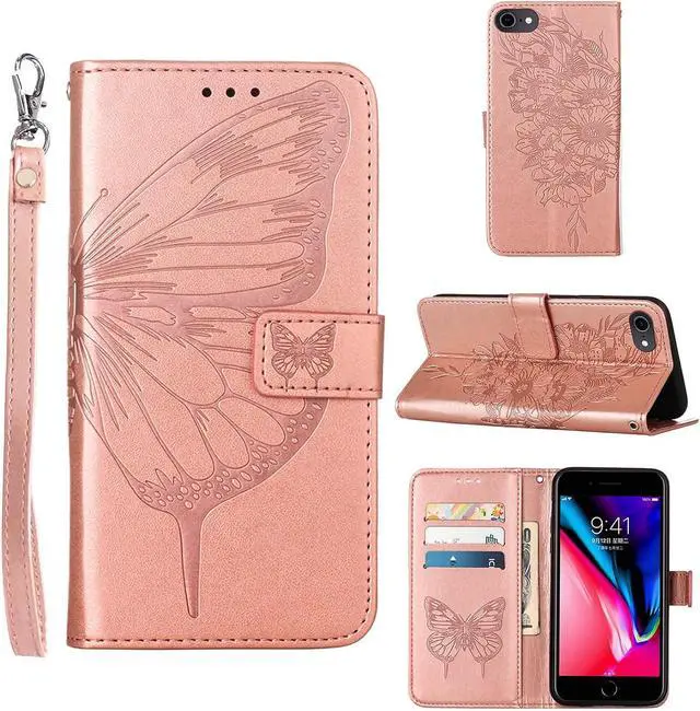 Main image of for iPhone SE 2022/SE 2020 Case,for iPhone 6/6S/7/8 Wallet Case,Butterfly Floral Embossed,Wrist Strap,Card Holder Slots,Stand Leather Protective Flip Cover (Rose Gold)