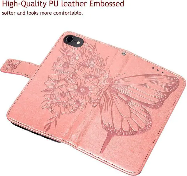 Alt view image 2 of 7 - for iPhone SE 2022/SE 2020 Case,for iPhone 6/6S/7/8 Wallet Case,Butterfly Floral Embossed,Wrist Strap,Card Holder Slots,Stand Leather Protective Flip Cover (Rose Gold)