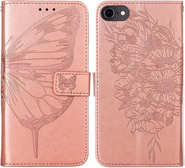 Alt view image 5 of 7 - for iPhone SE 2022/SE 2020 Case,for iPhone 6/6S/7/8 Wallet Case,Butterfly Floral Embossed,Wrist Strap,Card Holder Slots,Stand Leather Protective Flip Cover (Rose Gold)