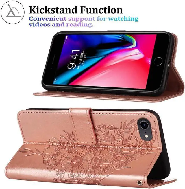 Alt view image 4 of 7 - for iPhone SE 2022/SE 2020 Case,for iPhone 6/6S/7/8 Wallet Case,Butterfly Floral Embossed,Wrist Strap,Card Holder Slots,Stand Leather Protective Flip Cover (Rose Gold)