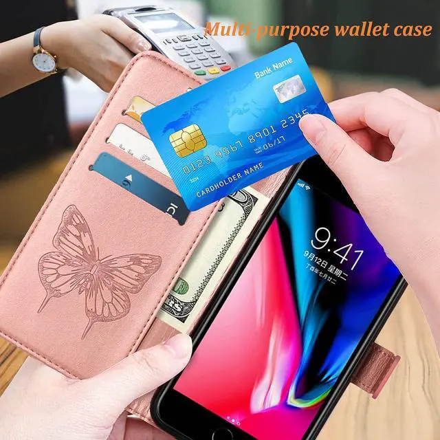 Alt view image 3 of 7 - for iPhone SE 2022/SE 2020 Case,for iPhone 6/6S/7/8 Wallet Case,Butterfly Floral Embossed,Wrist Strap,Card Holder Slots,Stand Leather Protective Flip Cover (Rose Gold)