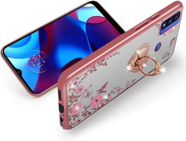 Alt view image 5 of 7 - B-wishy for Motorola Moto G Pure Phone Case,Moto G Power 2022 Case for Women, Glitter Butterfly Heart Floral Slim TPU Protective Cover with Kickstand+Strap for Moto G Play 2023(Rose Gold)