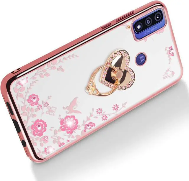 Alt view image 6 of 7 - B-wishy for Motorola Moto G Pure Phone Case,Moto G Power 2022 Case for Women, Glitter Butterfly Heart Floral Slim TPU Protective Cover with Kickstand+Strap for Moto G Play 2023(Rose Gold)
