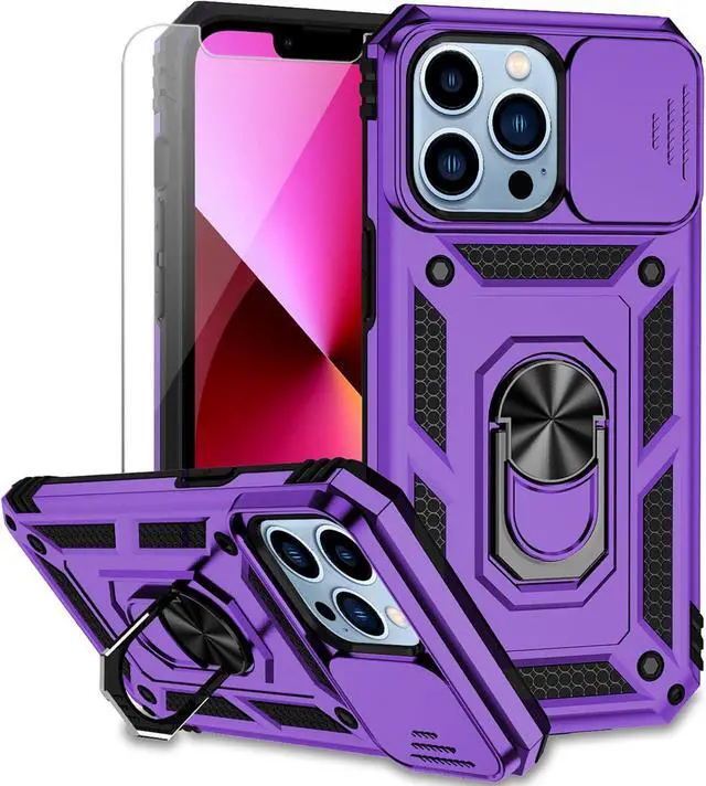 Main image of for iPhone 13 Case with Camera Lens Cover HD Screen Protector, Dual Layer [15 FT Military Grade Drop Protection] Magnetic Ring Holder Kickstand Protective Phone Case for iPhone 13 6.1 inch (Purple)