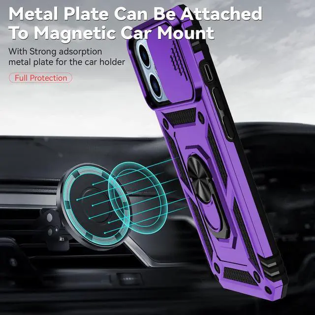 Alt view image 2 of 7 - for iPhone 13 Case with Camera Lens Cover HD Screen Protector, Dual Layer [15 FT Military Grade Drop Protection] Magnetic Ring Holder Kickstand Protective Phone Case for iPhone 13 6.1 inch (Purple)