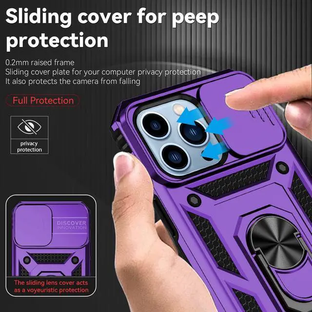 Alt view image 3 of 7 - for iPhone 13 Case with Camera Lens Cover HD Screen Protector, Dual Layer [15 FT Military Grade Drop Protection] Magnetic Ring Holder Kickstand Protective Phone Case for iPhone 13 6.1 inch (Purple)