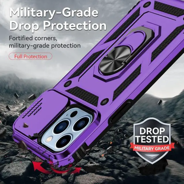 Alt view image 4 of 7 - for iPhone 13 Case with Camera Lens Cover HD Screen Protector, Dual Layer [15 FT Military Grade Drop Protection] Magnetic Ring Holder Kickstand Protective Phone Case for iPhone 13 6.1 inch (Purple)