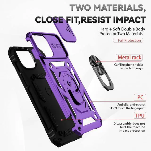 Alt view image 7 of 7 - for iPhone 13 Case with Camera Lens Cover HD Screen Protector, Dual Layer [15 FT Military Grade Drop Protection] Magnetic Ring Holder Kickstand Protective Phone Case for iPhone 13 6.1 inch (Purple)