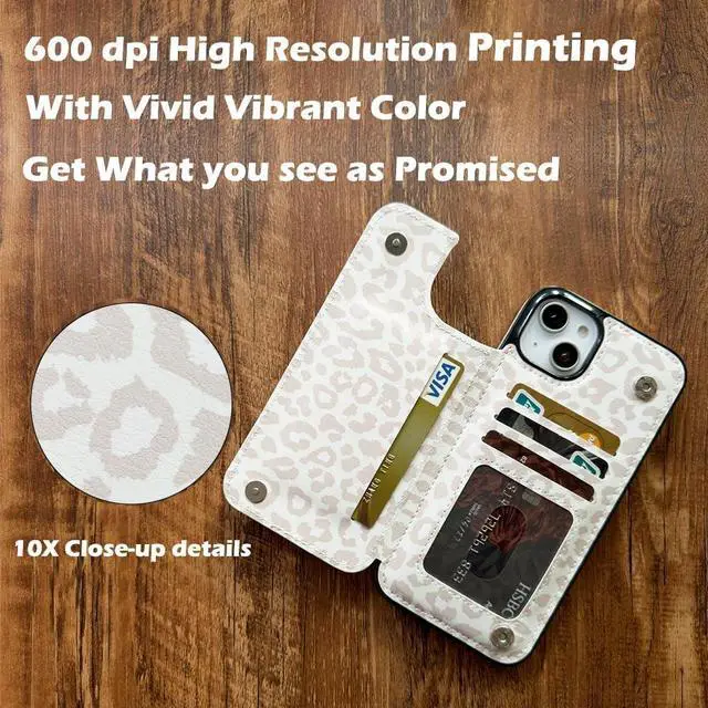 Alt view image 3 of 7 - uCOLOR Compatible with iPhone 14/15 Plus 6.7" Wallet Case with Card Holder Slots Folio Flip PU Leather Kickstand Magnetic Clasp and RFID Blocking Cover (Beige Leopard)